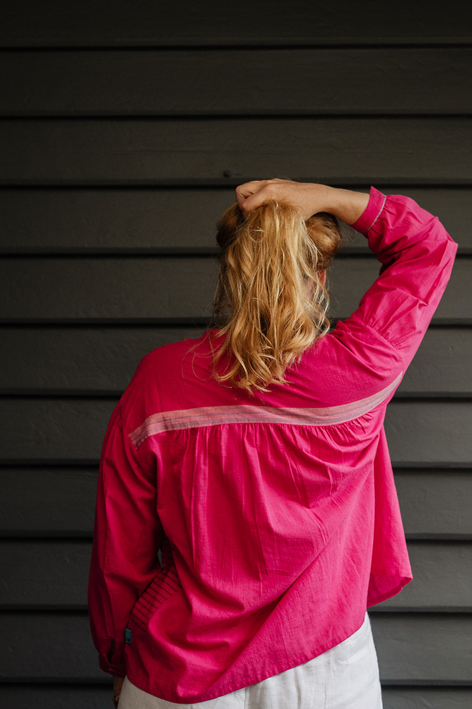 Lotus Veda Daffodil blouse in handloom cotton bright pink.