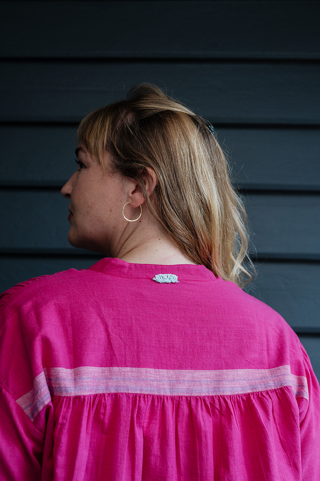 Lotus Veda Daffodil blouse in handloom cotton bright pink.