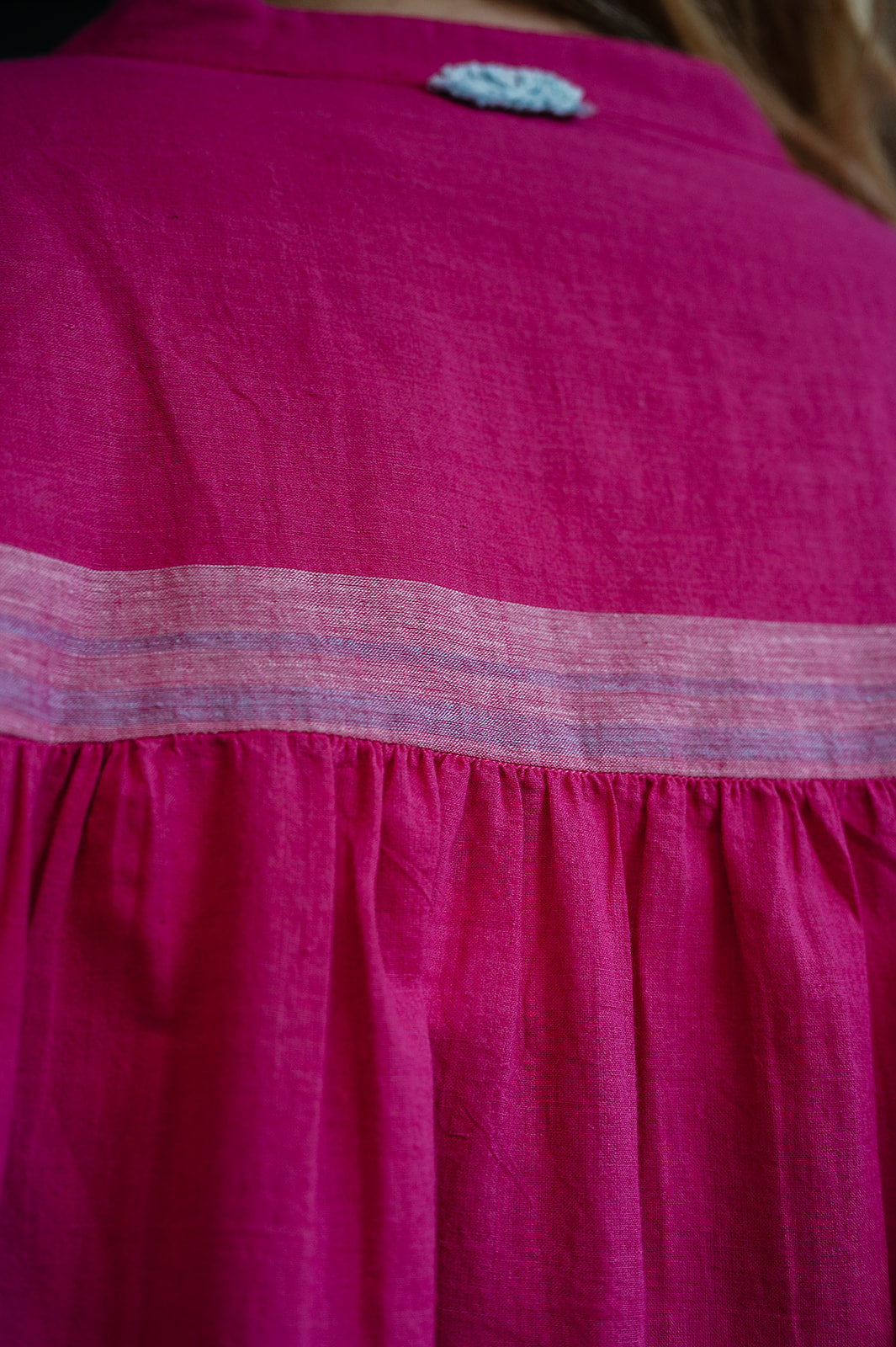 Lotus Veda Daffodil blouse in handloom cotton bright pink.