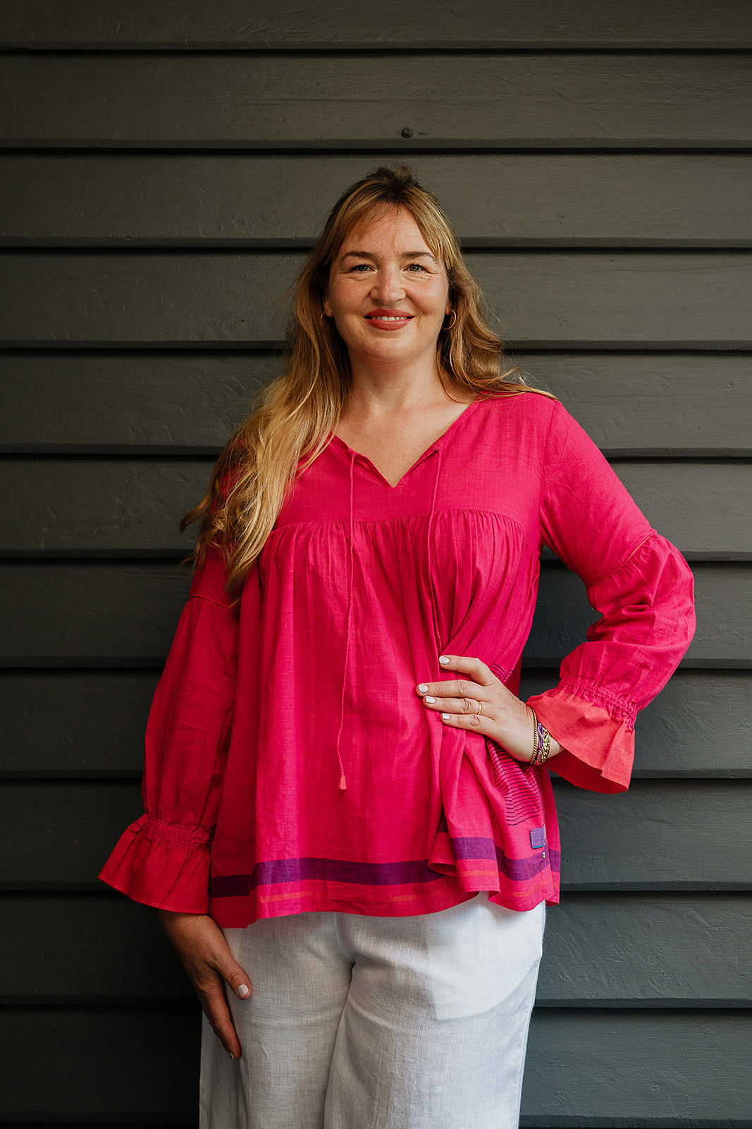 Lotus Veda Victoria blouse in handloom cotton bright raspberry pink red.