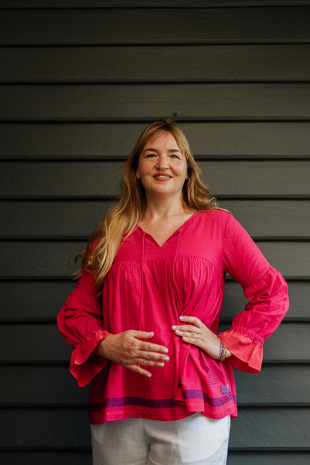 Lotus Veda Victoria blouse in handloom cotton bright raspberry pink red.