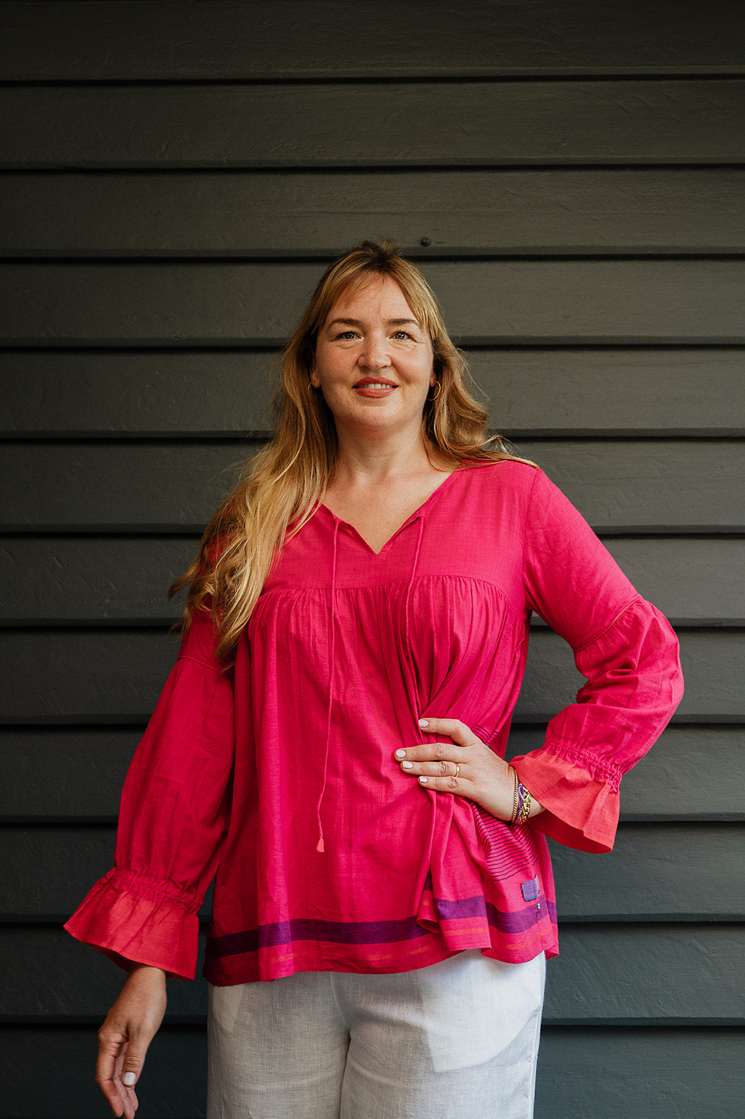 Lotus Veda Victoria blouse in handloom cotton bright raspberry pink red.