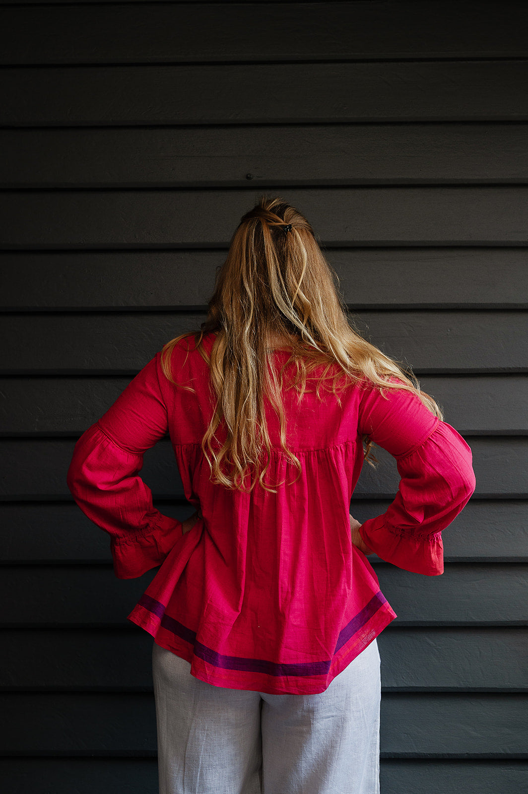 Lotus Veda Victoria blouse in handloom cotton bright raspberry pink red.