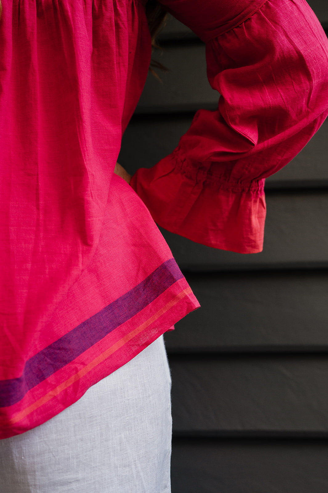 Lotus Veda Victoria blouse in handloom cotton bright raspberry pink red.