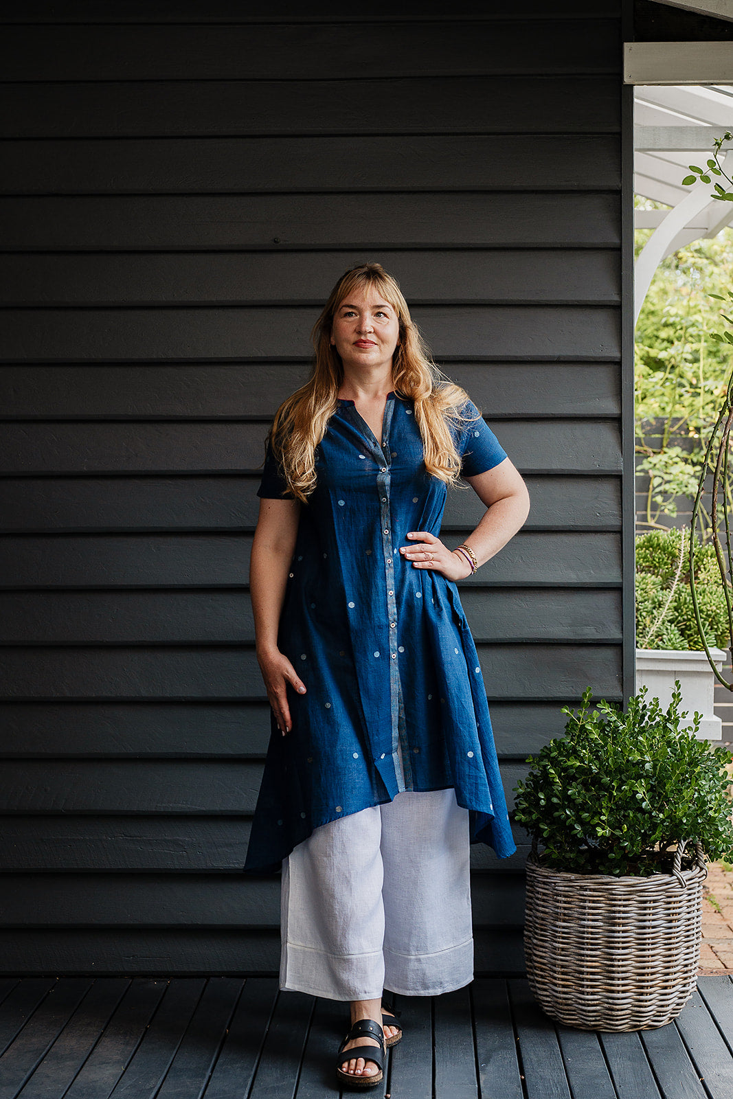 Karomi indigo jamdani button up Moon dress.