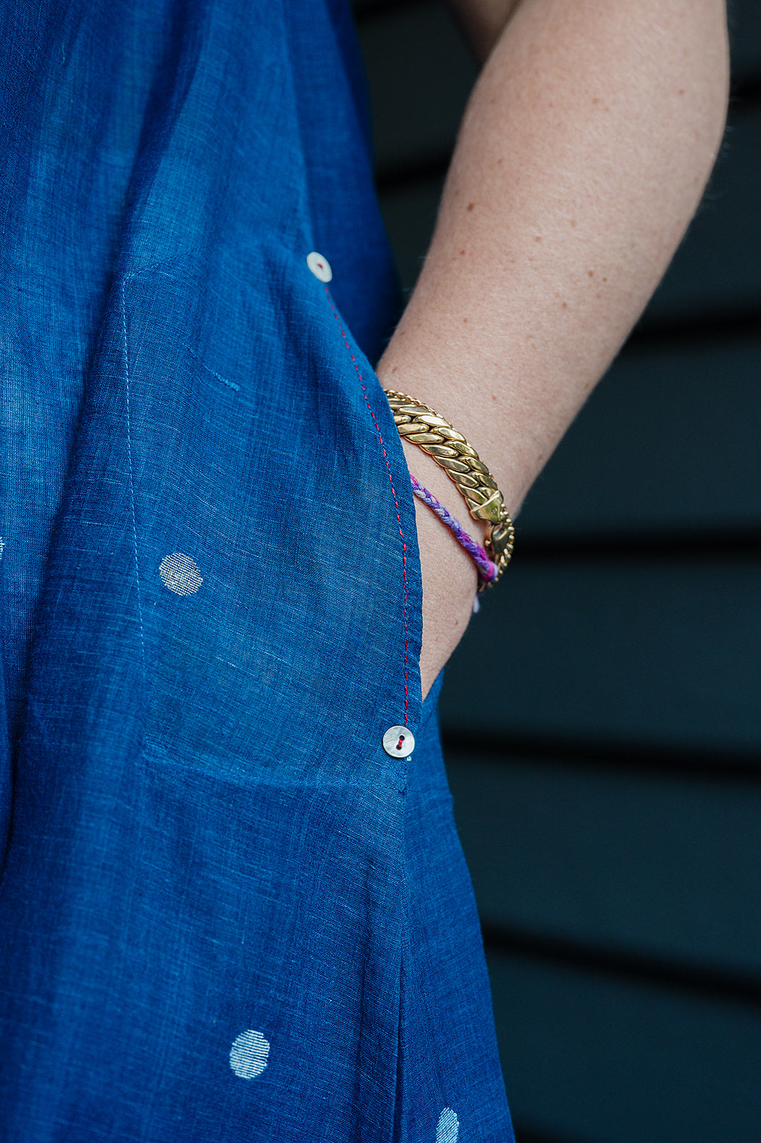 Karomi indigo jamdani button up Moon dress.