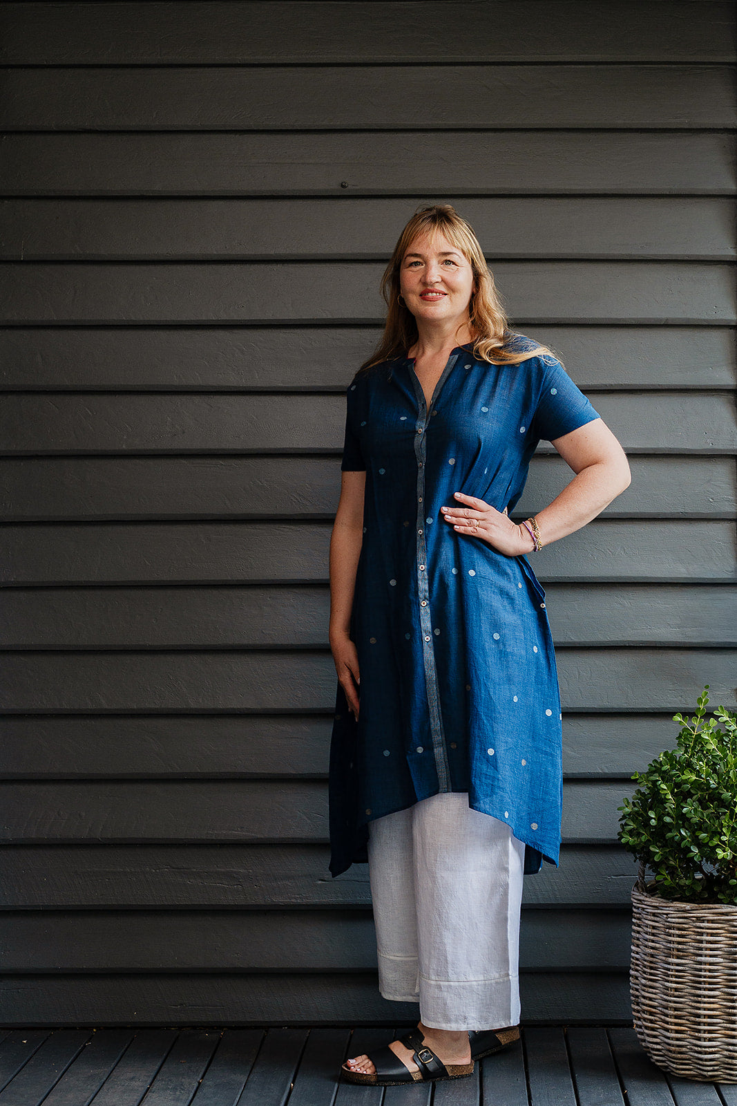 Karomi indigo jamdani button up Moon dress.