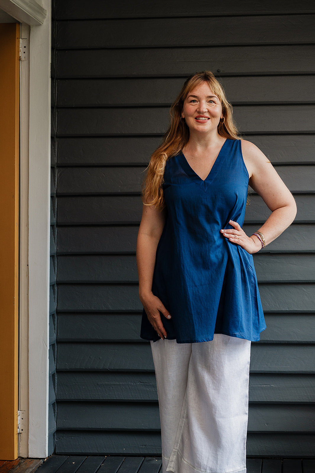 Karomi indigo jamdani button up Moon dress - slip.