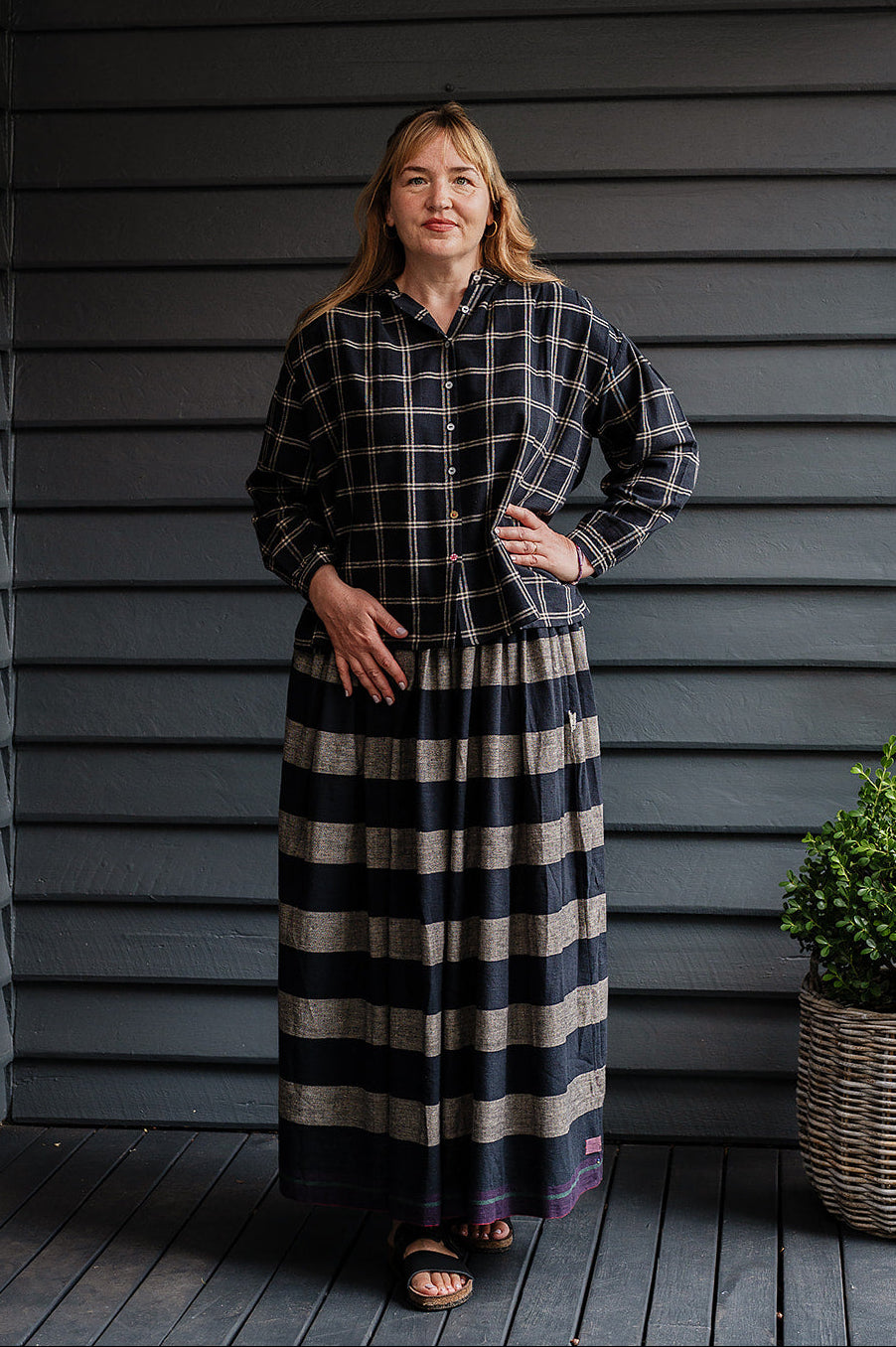 Lotus Veda True handloom kala cotton black and charcoal grey striped maxi skirt.