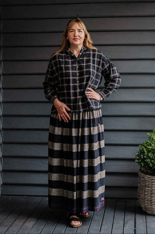 Lotus Veda True handloom kala cotton black and charcoal grey striped maxi skirt.