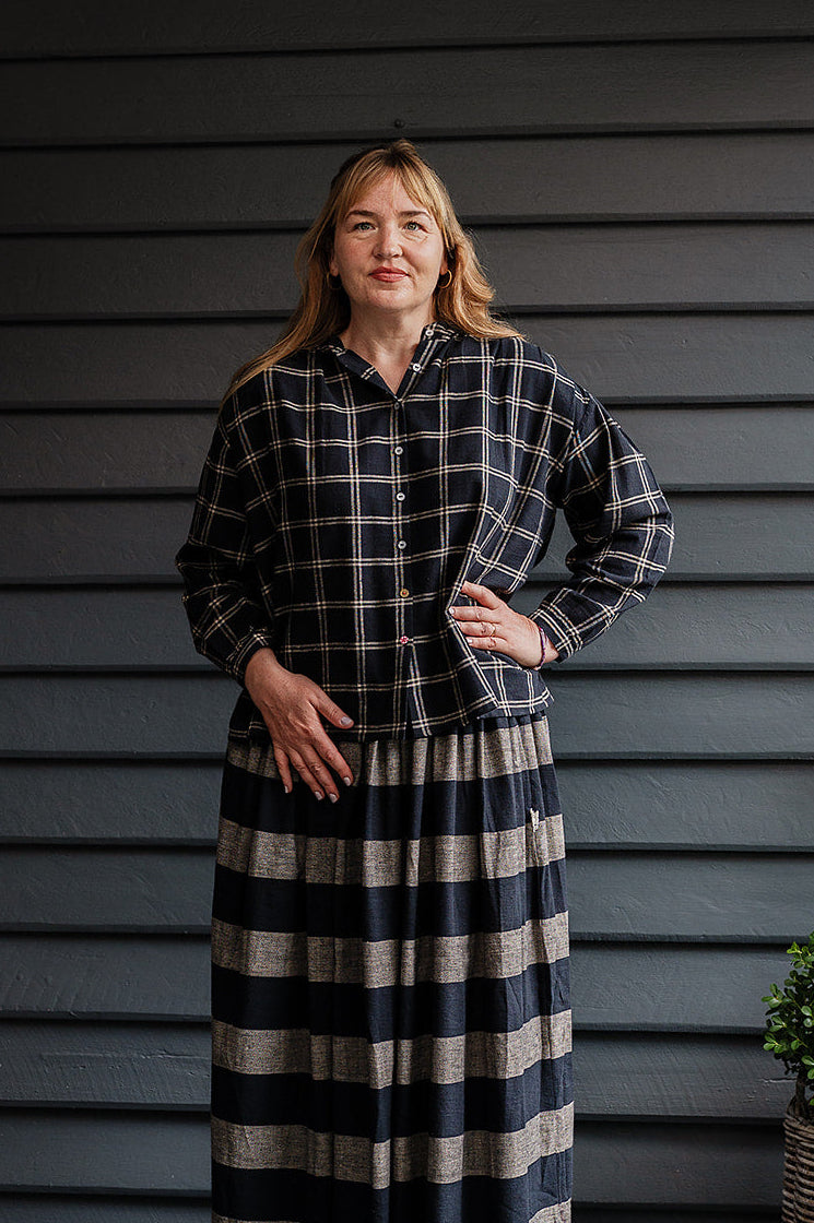 Lotus Veda Daffodil blouse in handloom kala cotton black and beige check.