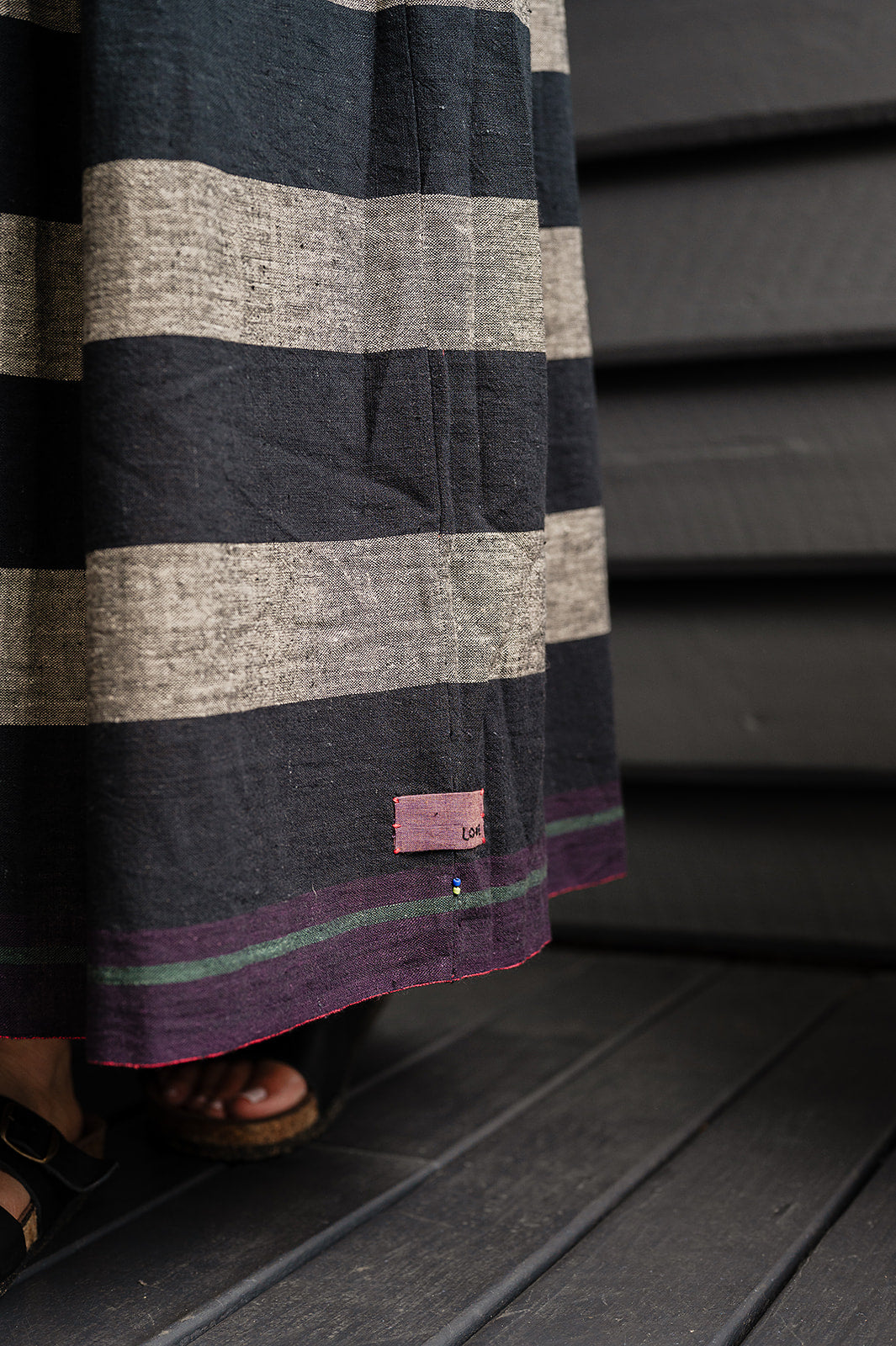 Lotus Veda True handloom kala cotton black and charcoal grey striped maxi skirt.