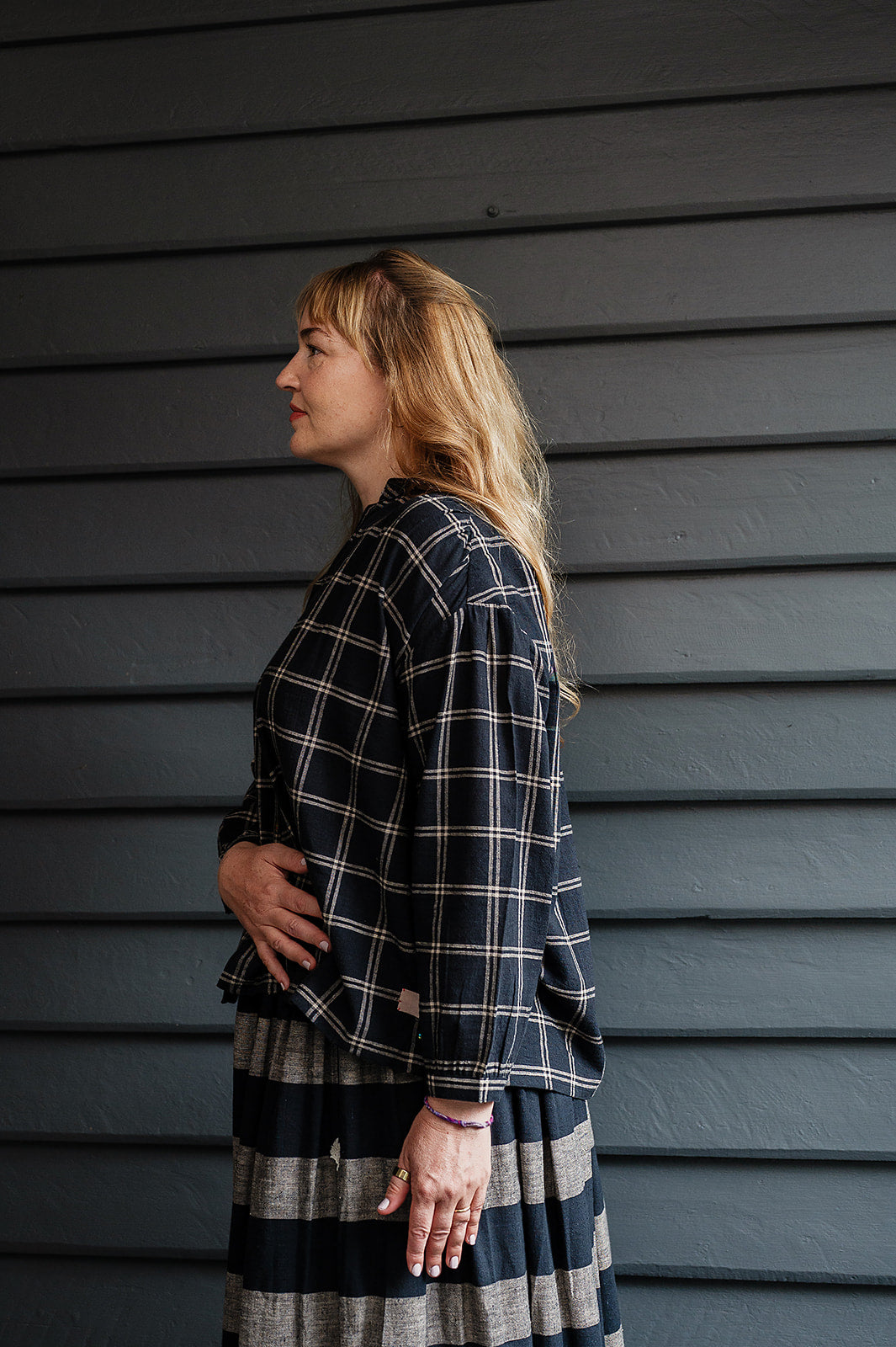 Lotus Veda Daffodil blouse in handloom kala cotton black and beige check.