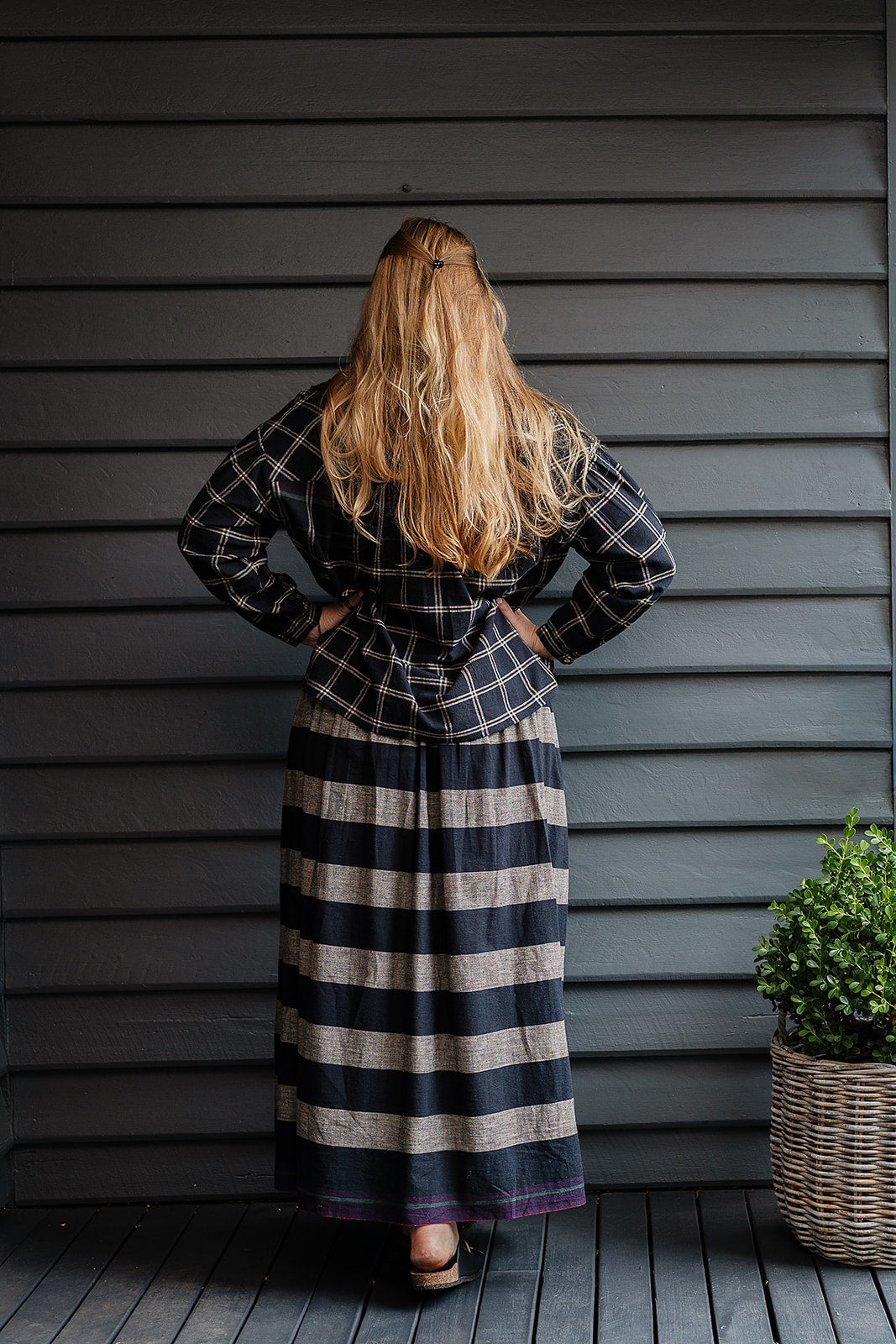 Lotus Veda True handloom kala cotton black and charcoal grey striped maxi skirt.