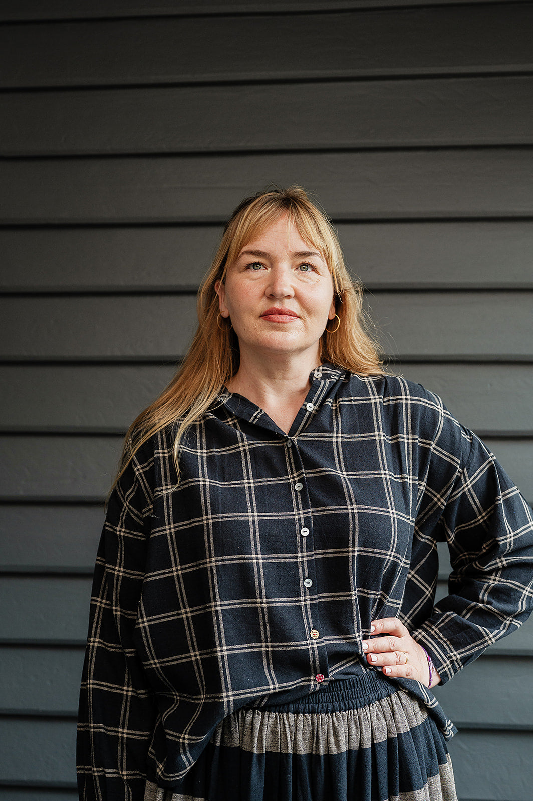 Lotus Veda Daffodil blouse in handloom kala cotton black and beige check.