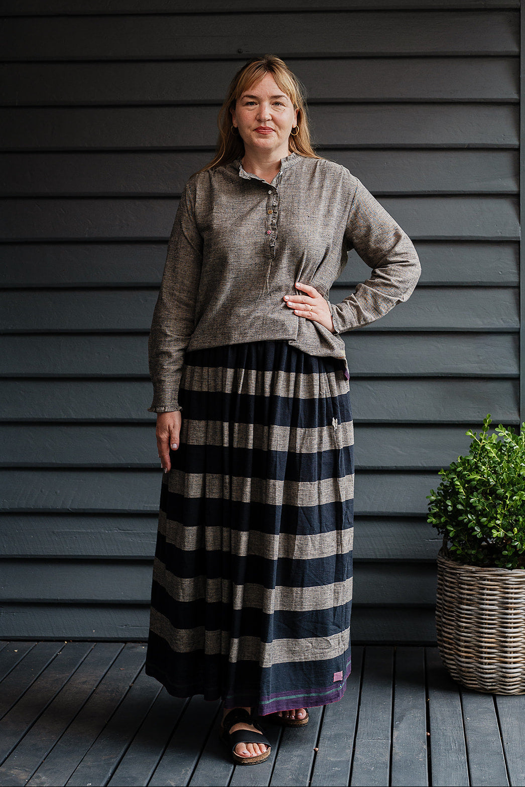 Lotus Veda True handloom kala cotton black and charcoal grey striped maxi skirt.