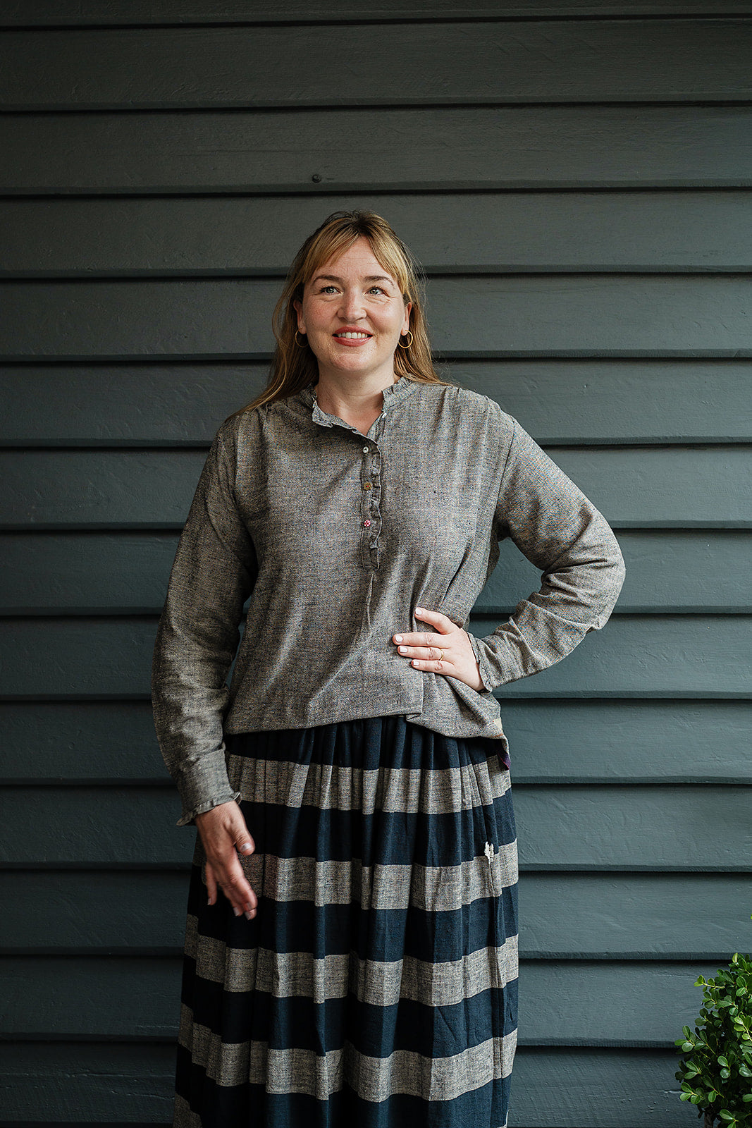 Lotus Veda Sky blouse in handloom kala cotton chambray charcoal grey.