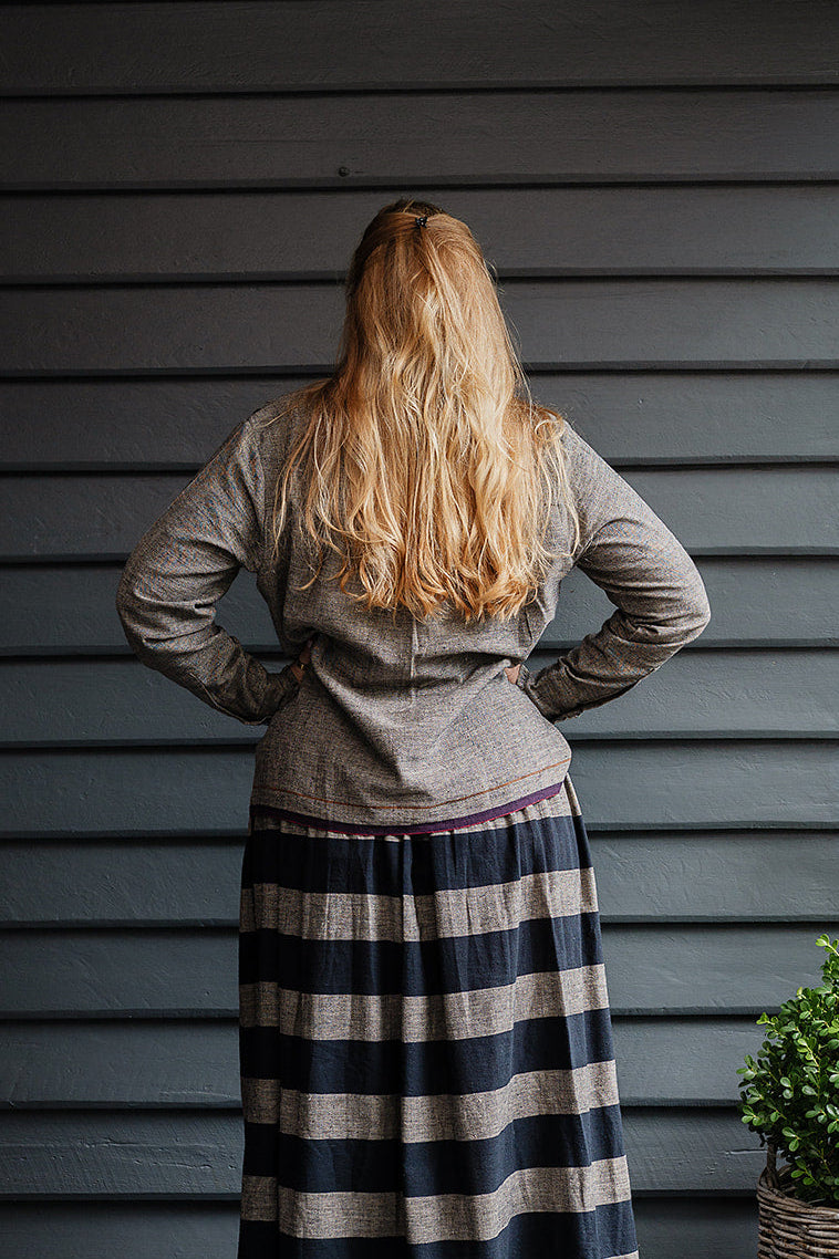 Lotus Veda Sky blouse in handloom kala cotton chambray charcoal grey.