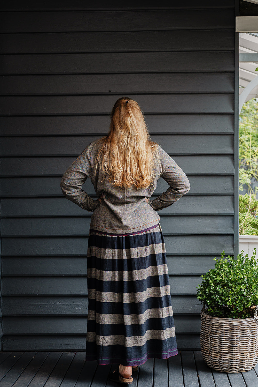 Lotus Veda True handloom kala cotton black and charcoal grey striped maxi skirt.