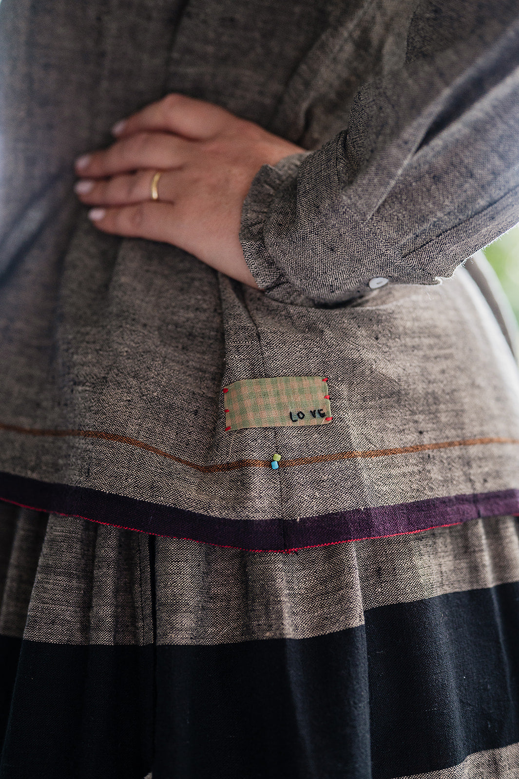 Lotus Veda Sky blouse in handloom kala cotton chambray charcoal grey.