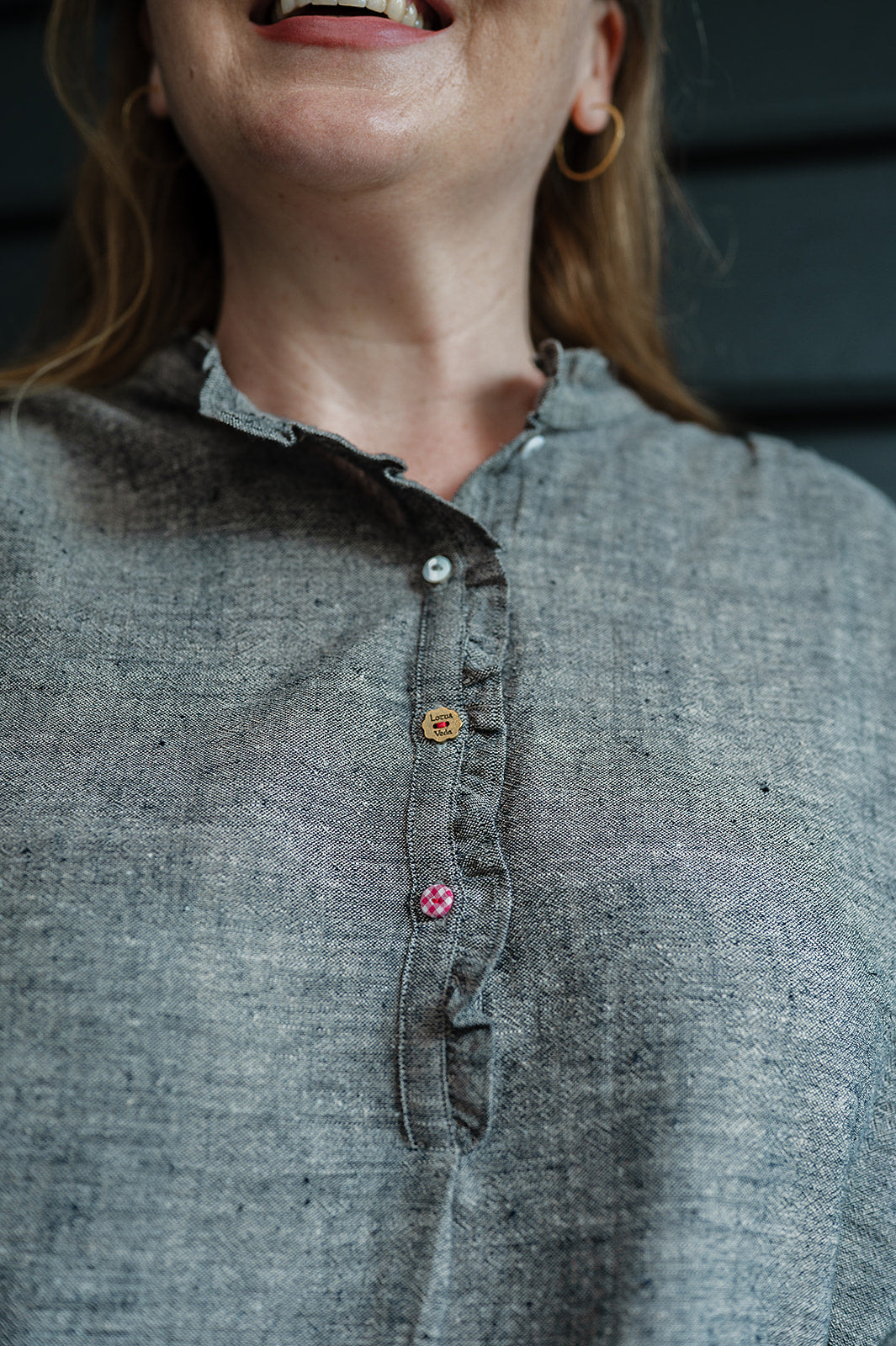 Lotus Veda Sky blouse in handloom kala cotton chambray charcoal grey.