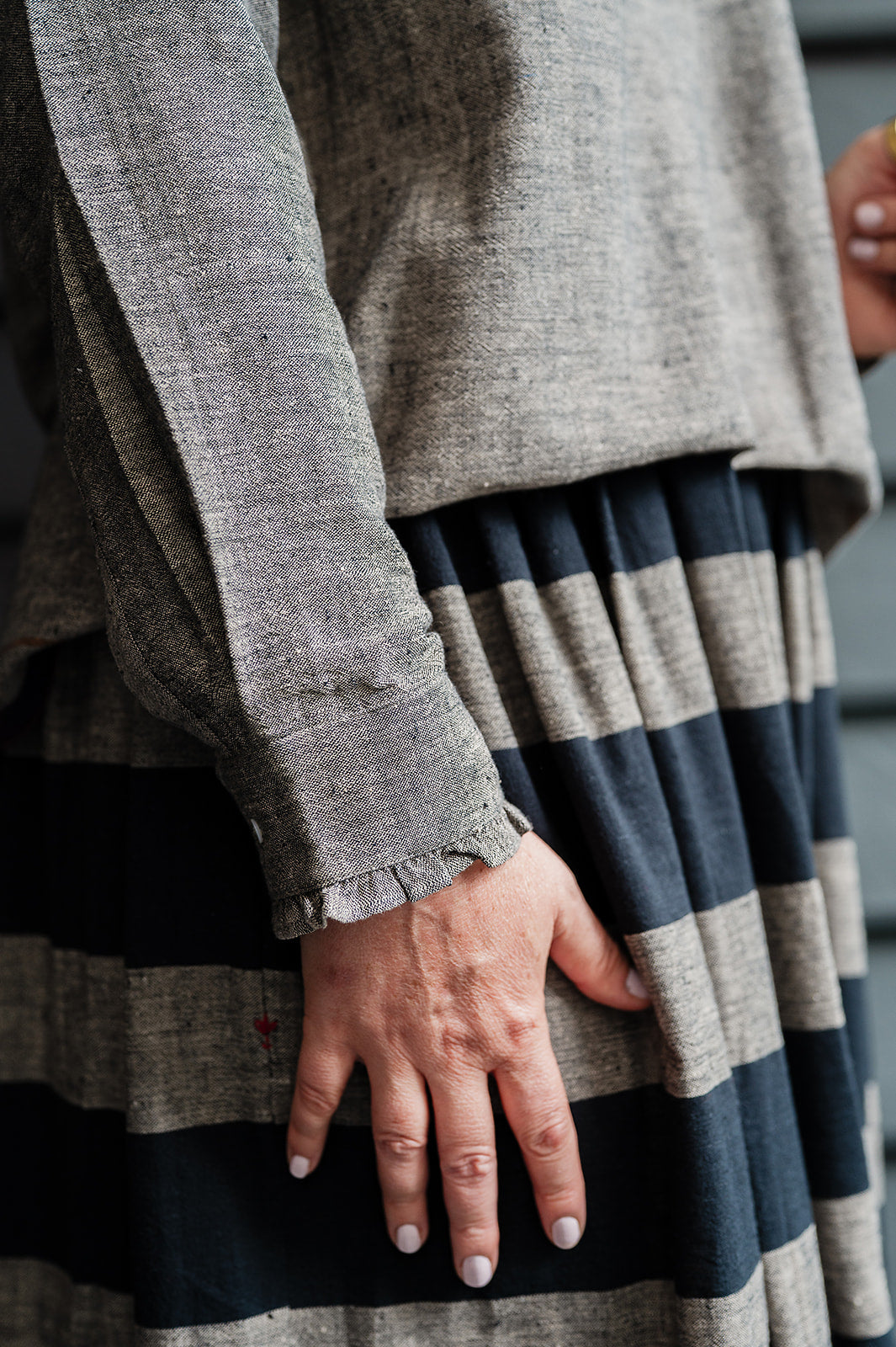 Lotus Veda Sky blouse in handloom kala cotton chambray charcoal grey.