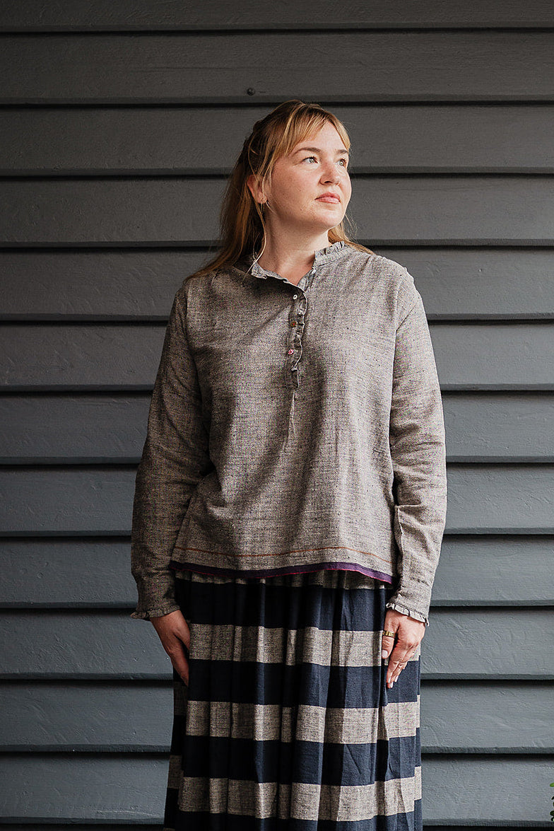 Lotus Veda Sky blouse in handloom kala cotton chambray charcoal grey.