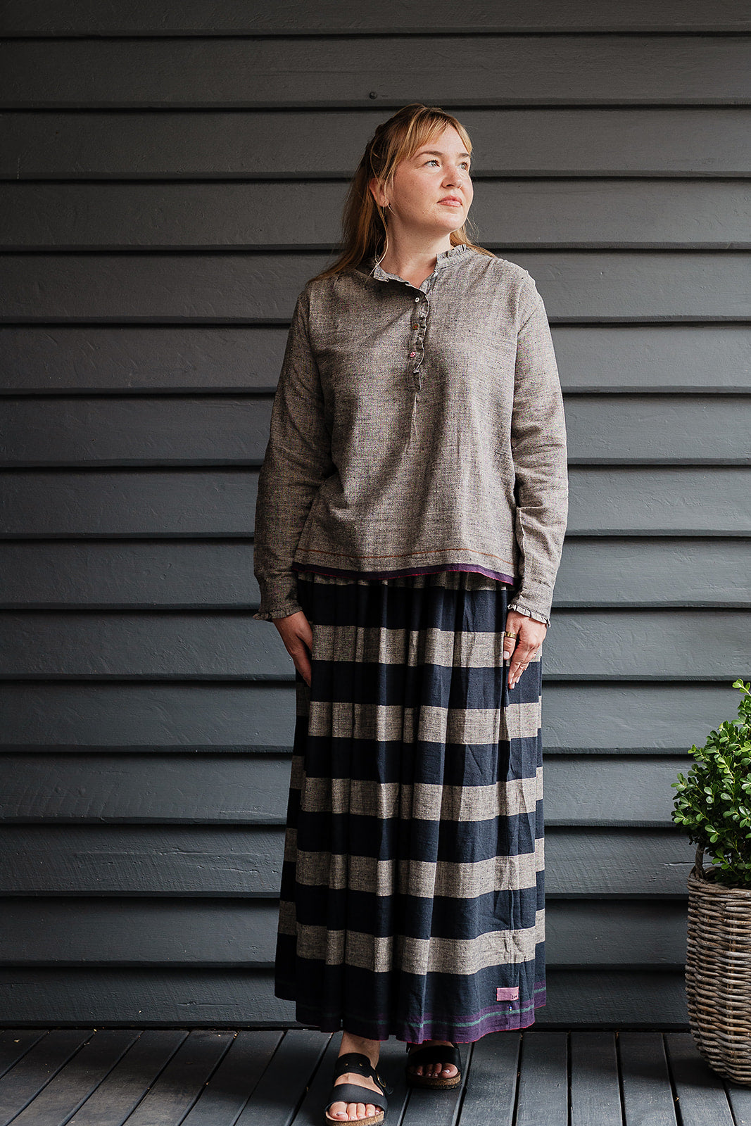 Lotus Veda True handloom kala cotton black and charcoal grey striped maxi skirt.