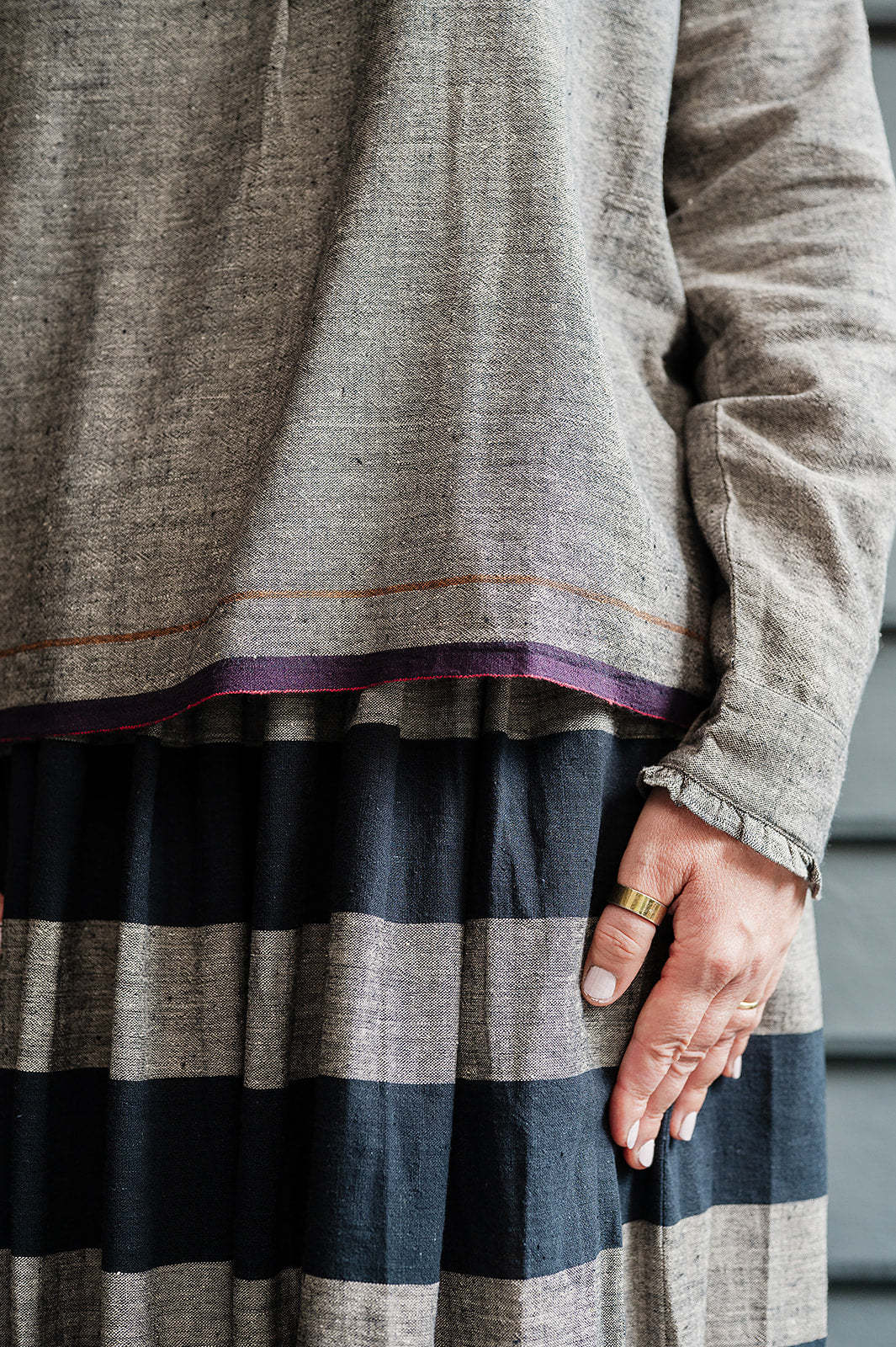 Lotus Veda Sky blouse in handloom kala cotton chambray charcoal grey.