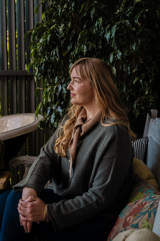 One size reversible cashmere cardigan in moor green.