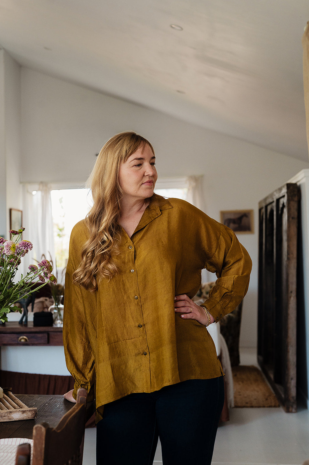 Studio Within x Juniper Hearth oversized pure silk button up long sleeved shirt in mustard deep gold.