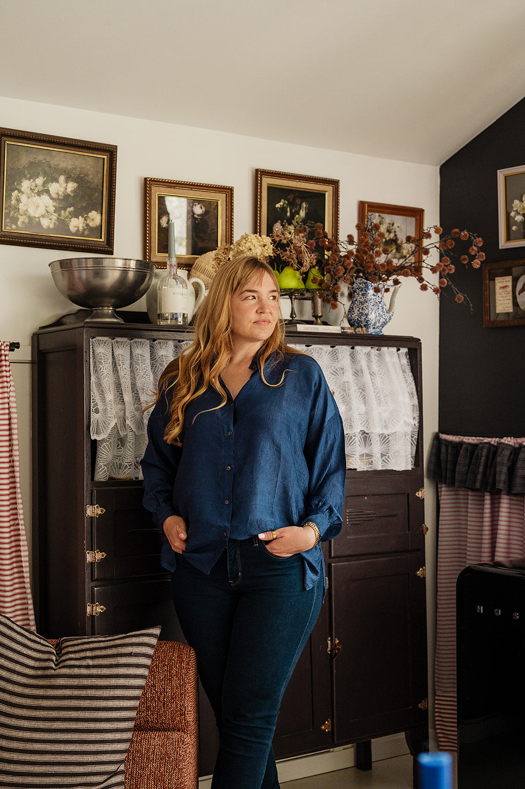 Studio Within x Juniper Hearth oversized pure silk button up long sleeved shirt in midnight blue.
