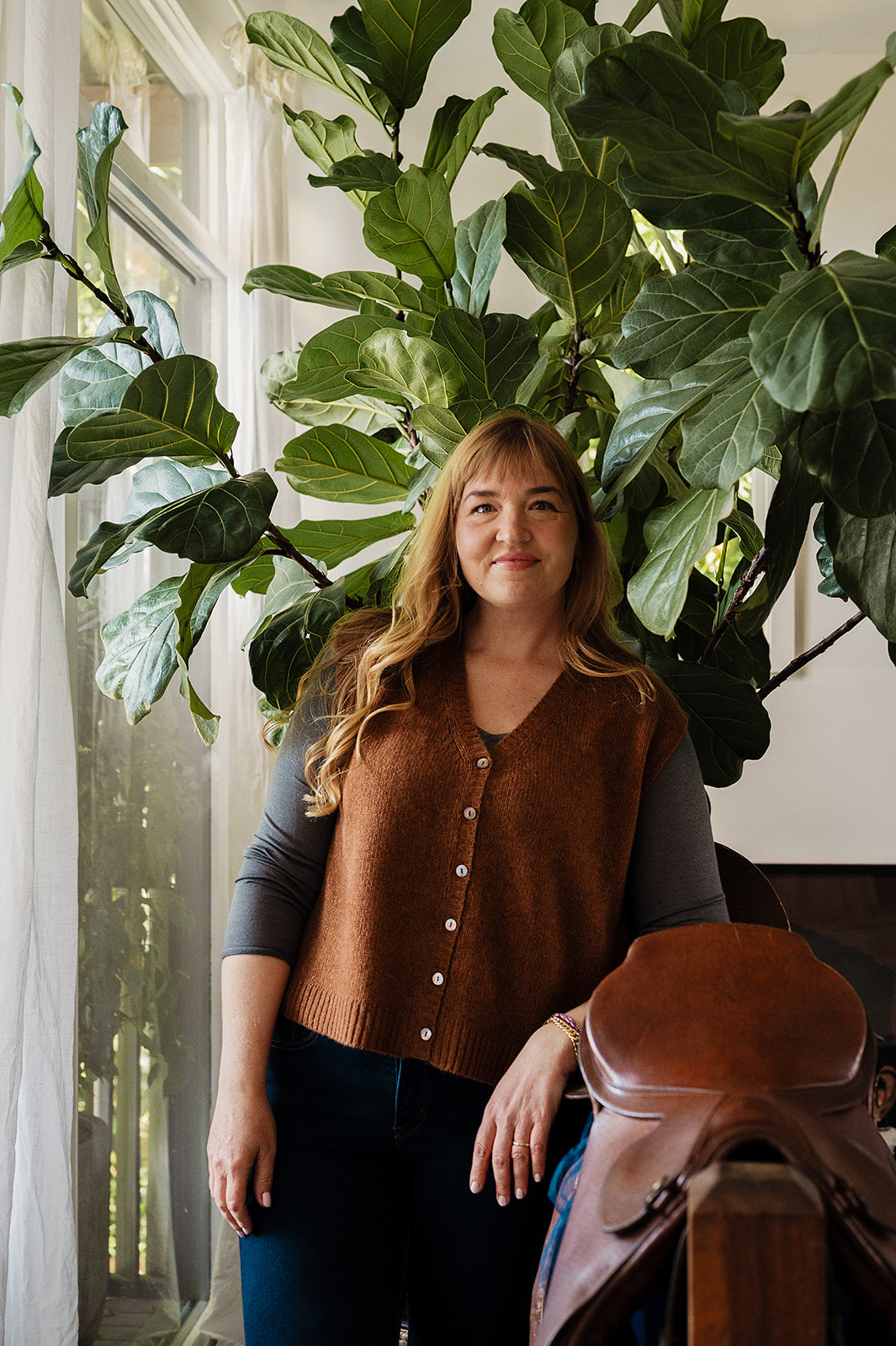 Baby yak wool light rust brown wool knitted button up V-neck vest.
