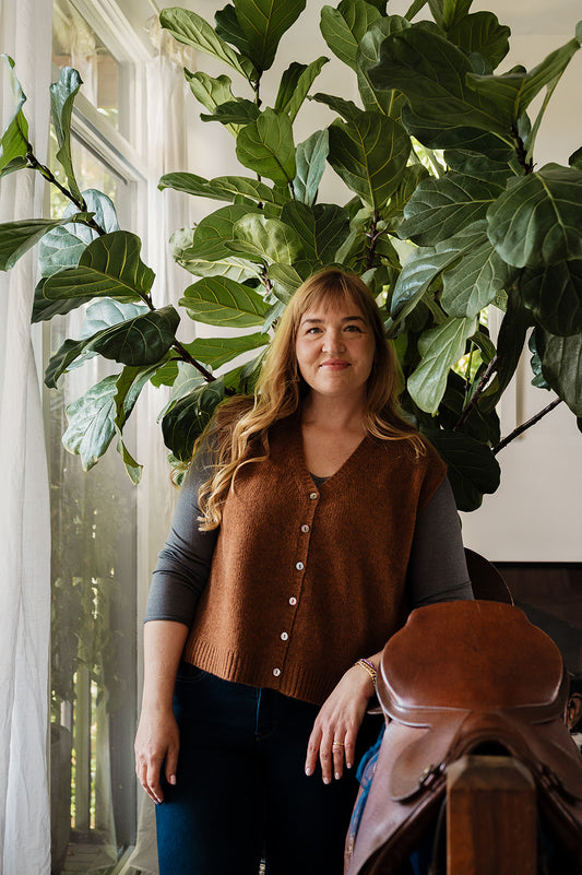 Baby yak wool light rust brown wool knitted button up V-neck vest.