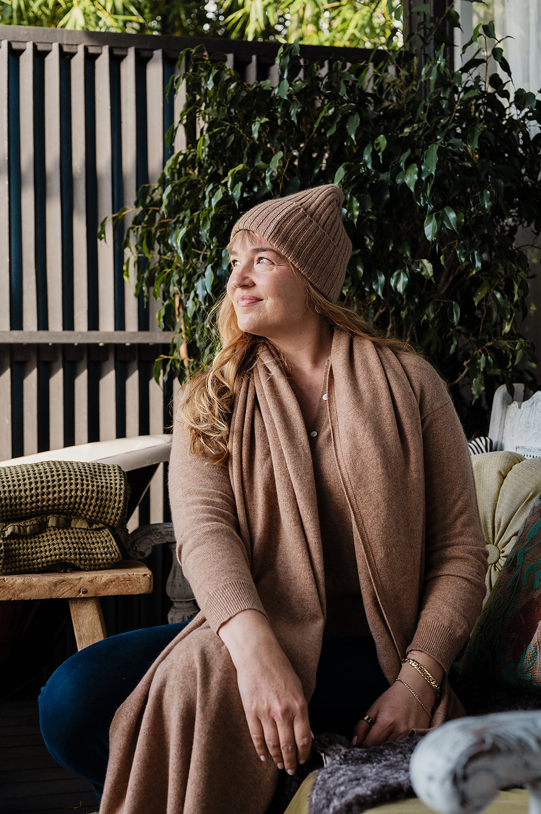 Juniper Hearth ribbed knit cashmere beanie in camel, light tan.