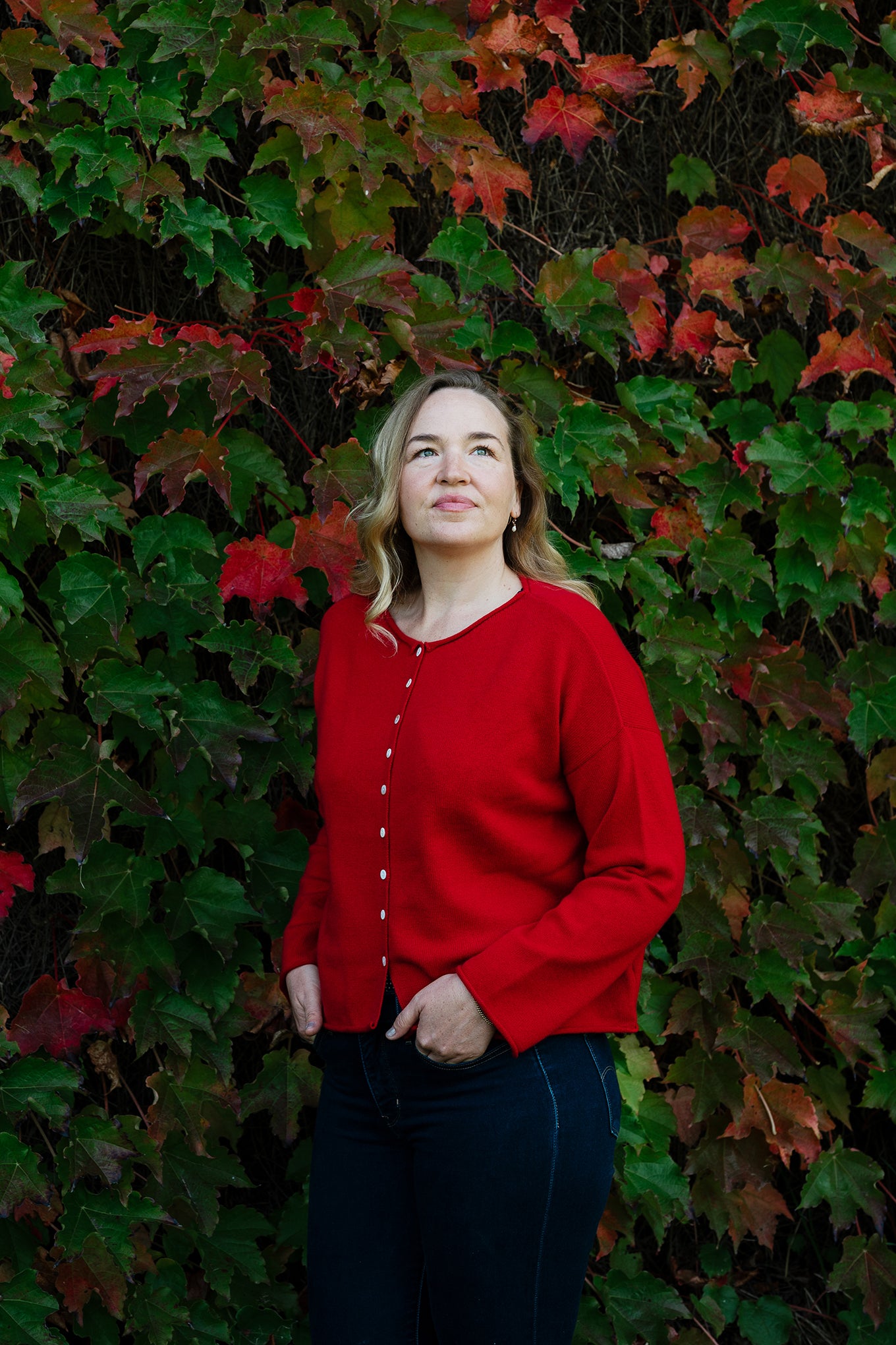 Juniper Hearth one size cashmere cardi in scarlet red.
