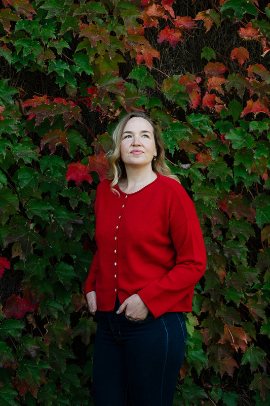 Juniper Hearth one size cashmere cardi in scarlet red.