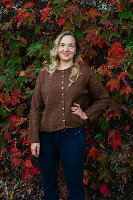 One size reversible pure cashere cardi sweater in umber brown.