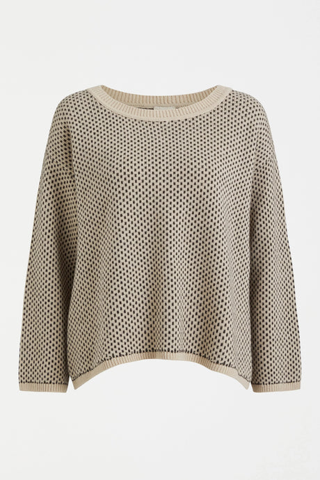 Elk the Label Bis sweater in merino and recycled nylon, dot stitch fawn and loden green.