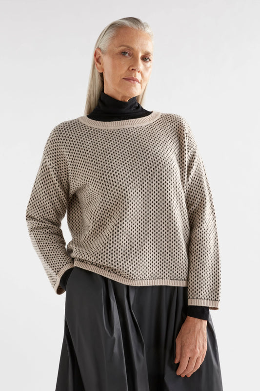 Elk the Label Bis sweater in merino and recycled nylon, dot stitch fawn and loden green.