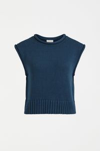 Elk the Label organic cotton cropped length knit vest in deep sea blue.