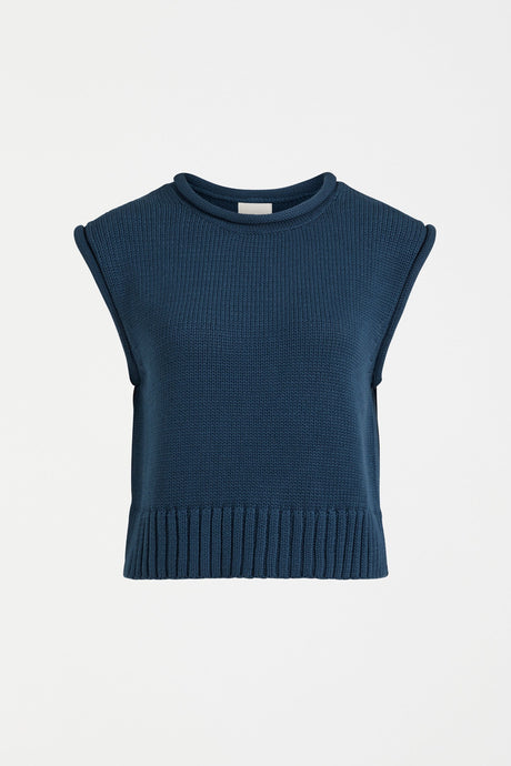 Elk the Label organic cotton cropped length knit vest in deep sea blue.