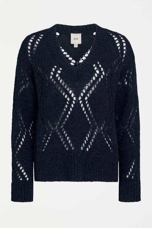 Elk Sirona v-neck argyle pointelle knit sweater in wool alpaca blend.