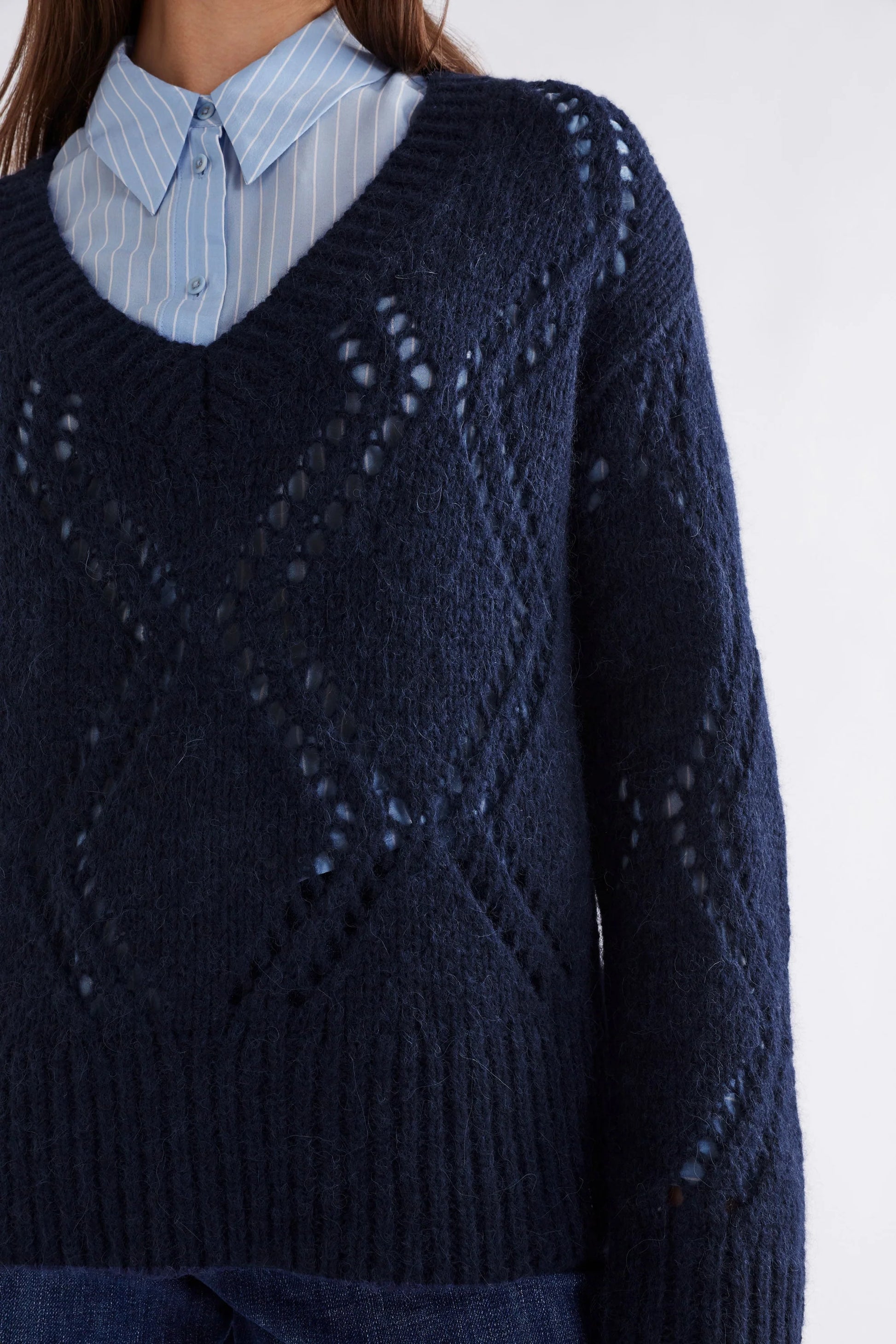Elk Sirona v-neck argyle pointelle knit sweater in wool alpaca blend.