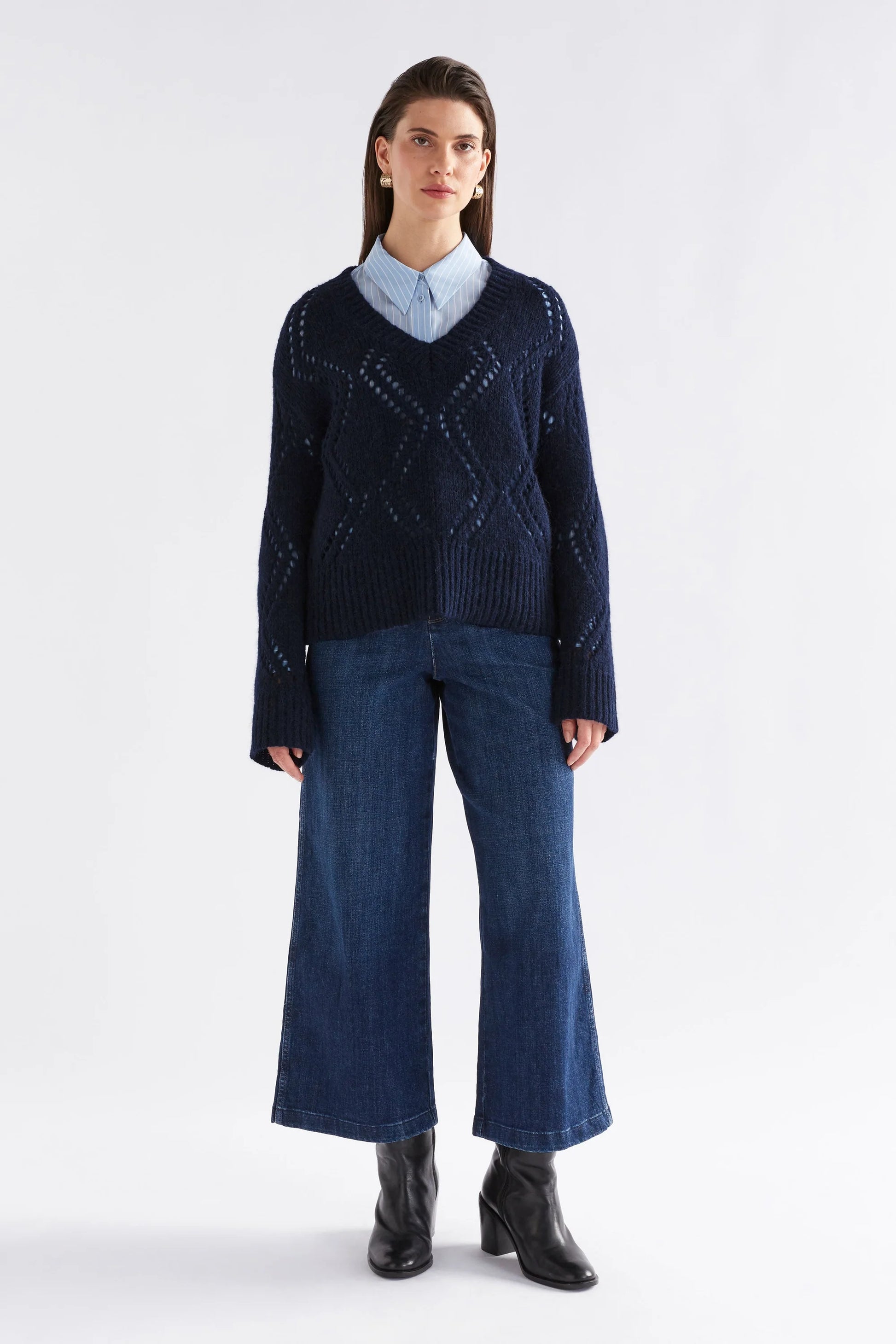 Elk Sirona v-neck argyle pointelle knit sweater in wool alpaca blend.