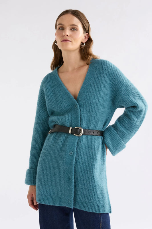 Elk Aila longline cardigan in alpaca wool blend in stone blue.