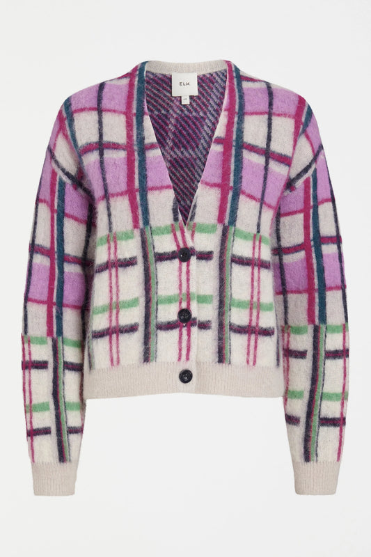 Elk Ostti wool alpaca blend cardigan in vibrant navy and pink check.