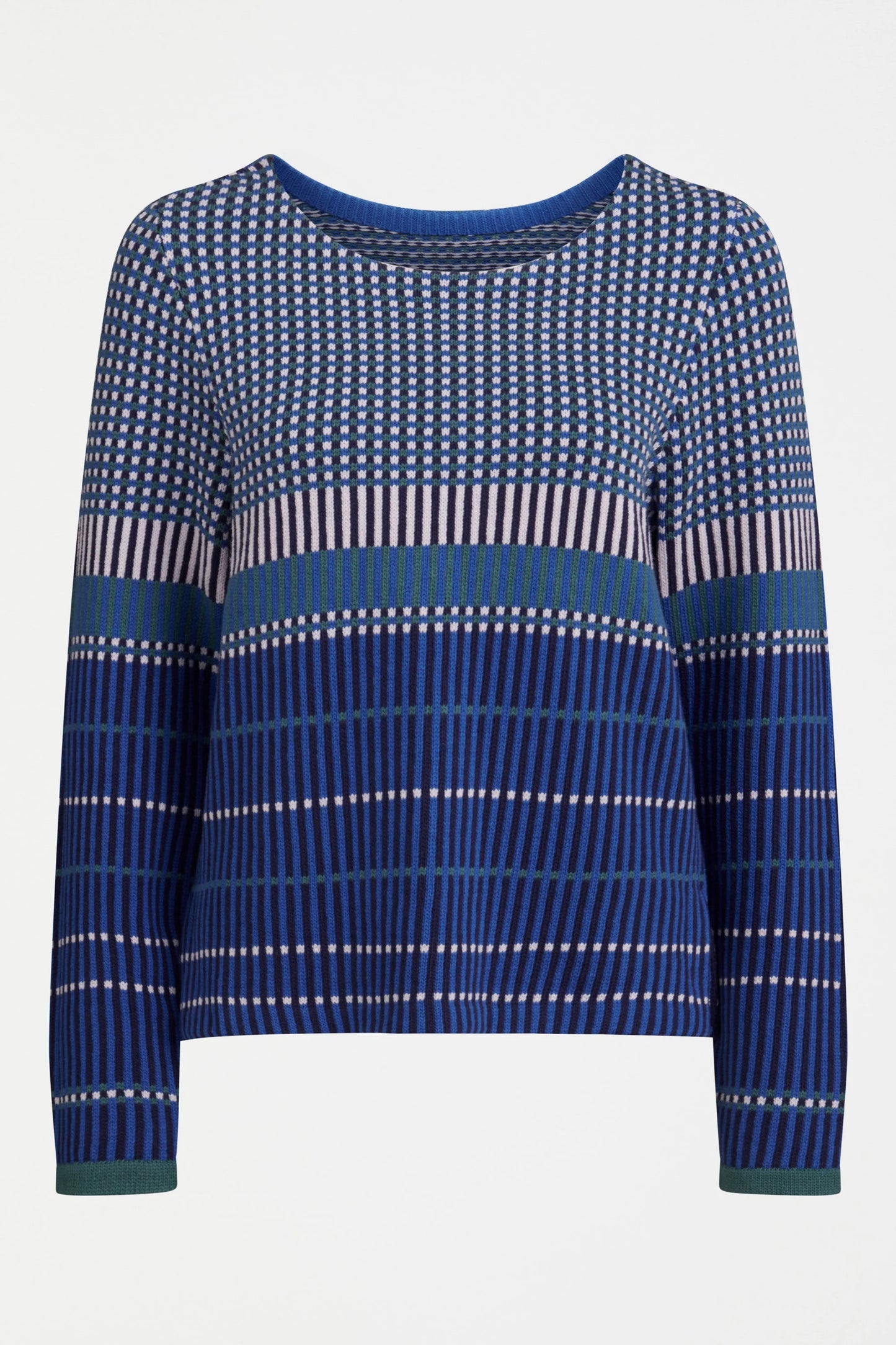 Elk Cila organic cotton knit sweater in blue multi stripe and check.