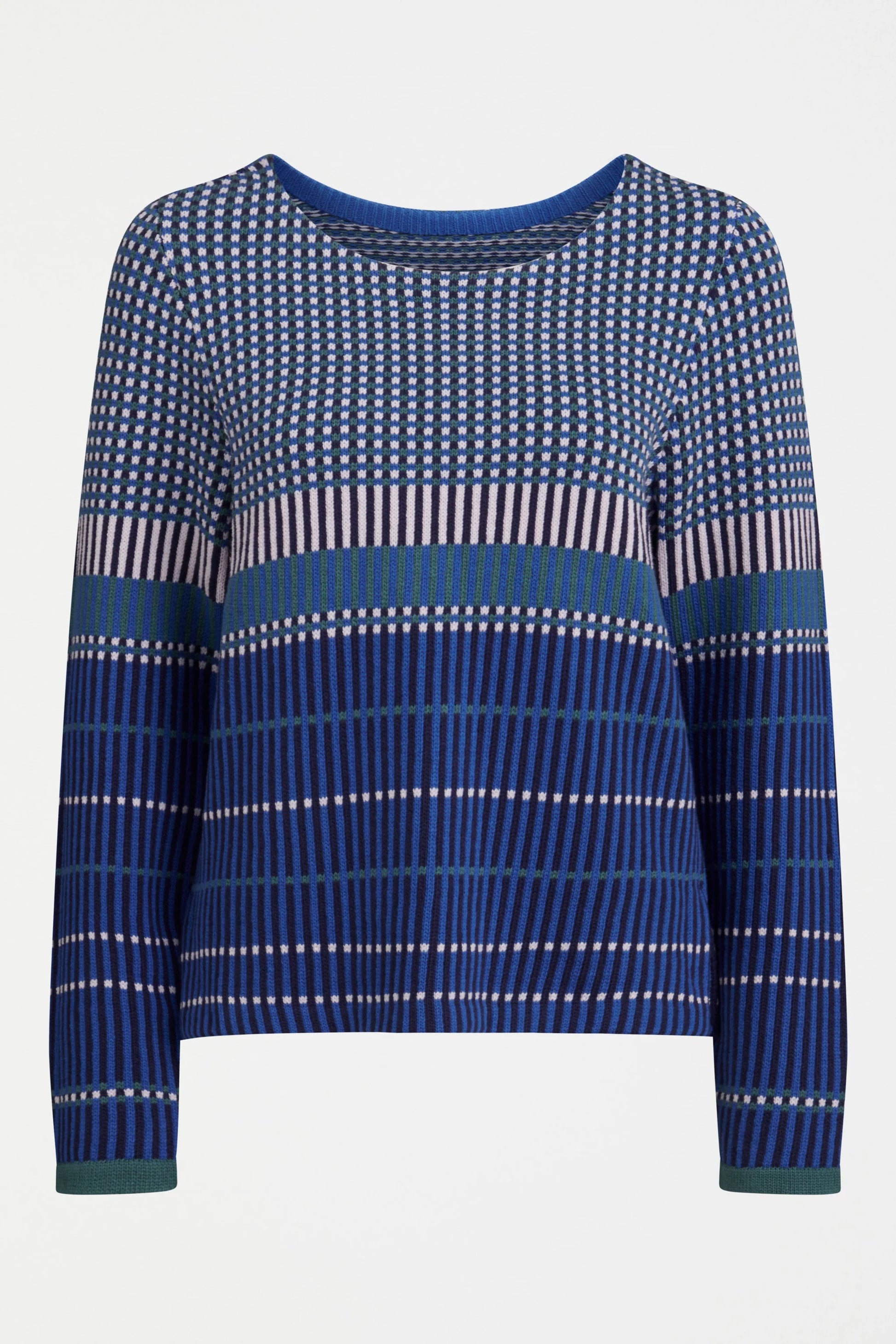 Elk Cila organic cotton knit sweater in blue multi stripe and check.