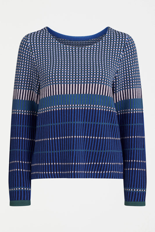 Elk Cila organic cotton knit sweater in blue multi stripe and check.
